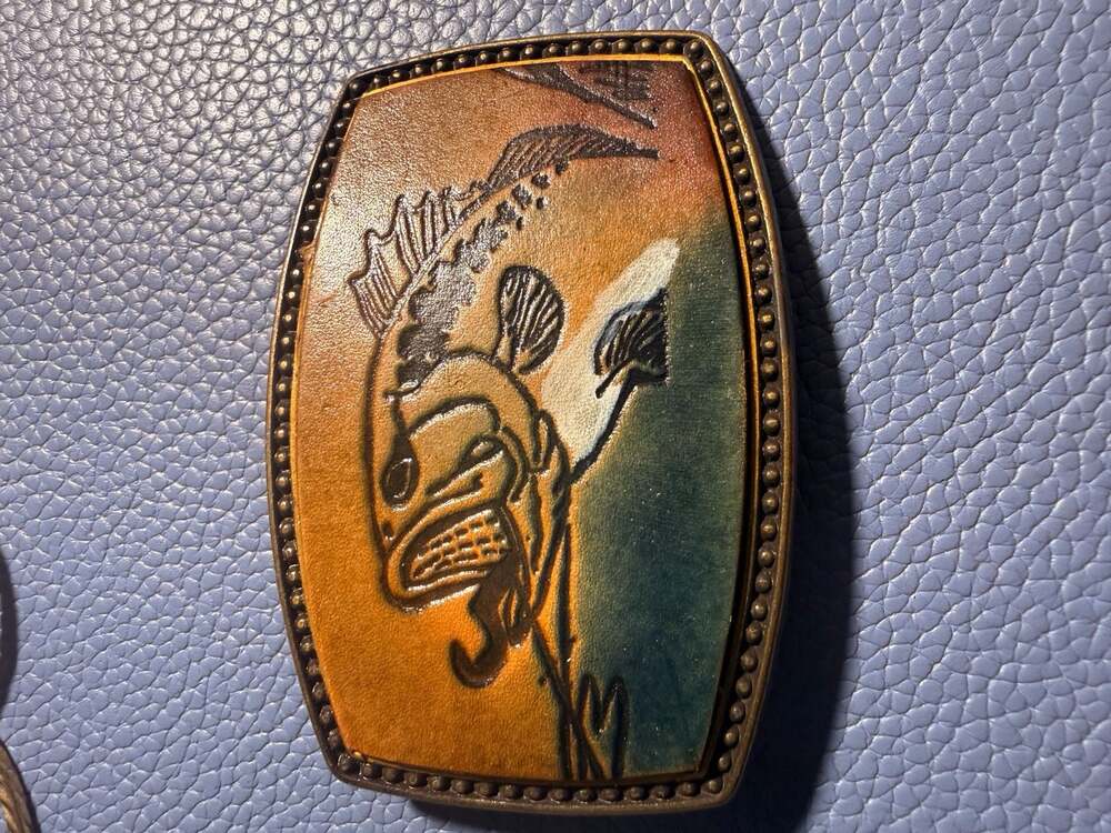 Vintage Alumaline 4108 BB-317 Tooled Leather Fish Belt Buckle